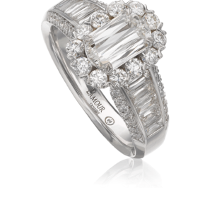 Timeless Diamond Engagement Ring with Baguette and Round Diamond Setting Set in 18K White Gold